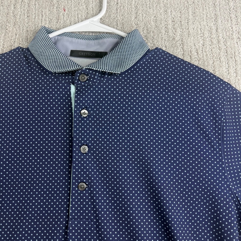 Greyson Golf Polo Mens Size L Blue White Polka Dot Short Sleeve Shirt